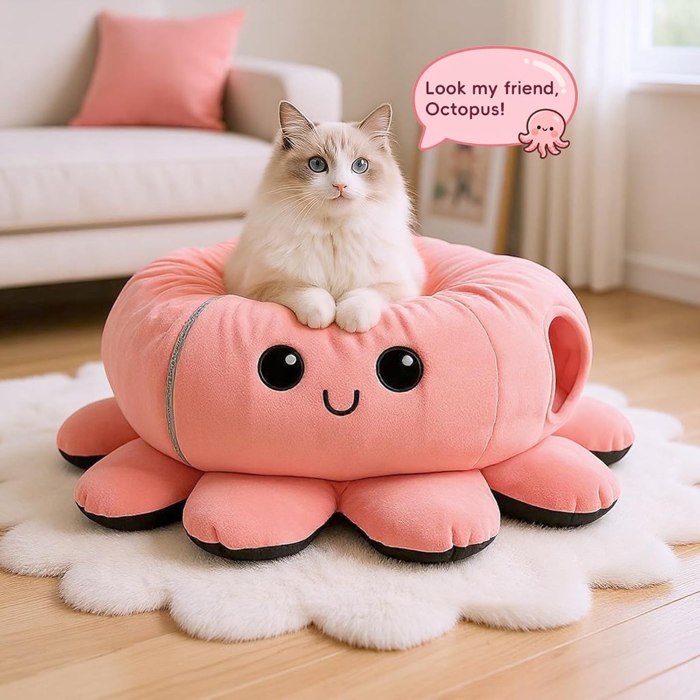 Cat Tunnel Bed for Indoor Cats, Peekaboo Cat Cave Bed,Soft Cat Donut Tunnel for Kitten Large Cats, Cute Pink Octopus Shaped