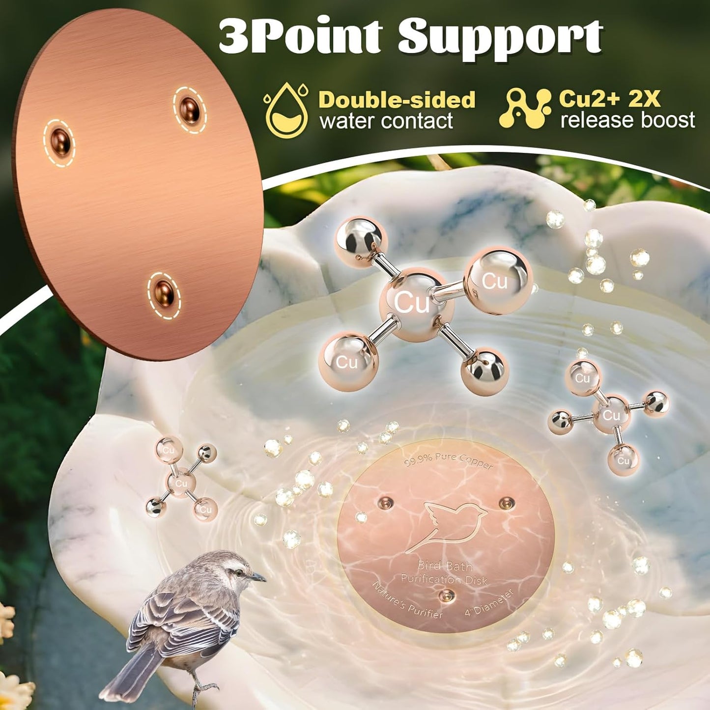 NNG 1 Pack Bird Bath Copper Disk,1mm Thick Reinforced 99.9% Pure Copper Bird Bath Purification Disk with Triple-Point Support,Physical Safe Water Cleaner for Outdoor Birdbaths Bowls,All-Season Use