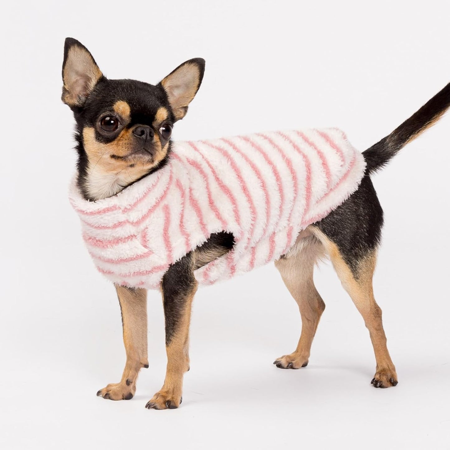 Fitwarm 2 Pack Striped Fleece Dog Sweater, Warm Winter Dog Clothes for Small Dogs Girl, Fuzzy Turtleneck Pet Outfit, Doggy Pullover Jumper, Rose Pink, White, Light Pink, XS
