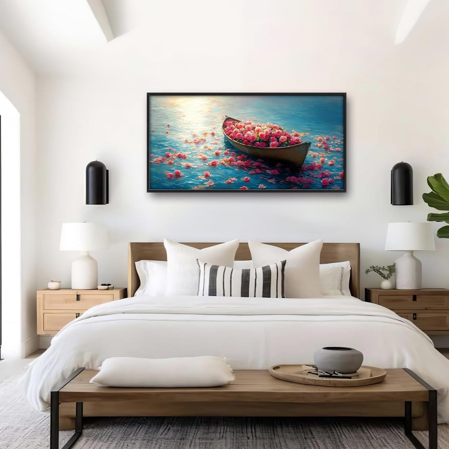 Large Lake Floral Landscape Wall Art for Living Room, Nature Boat Flower Canvas Oversized Wall Decor, Rose Scenery Framed Pictures Painting Print Artwork for Bedroom Office 60L" x 30W"