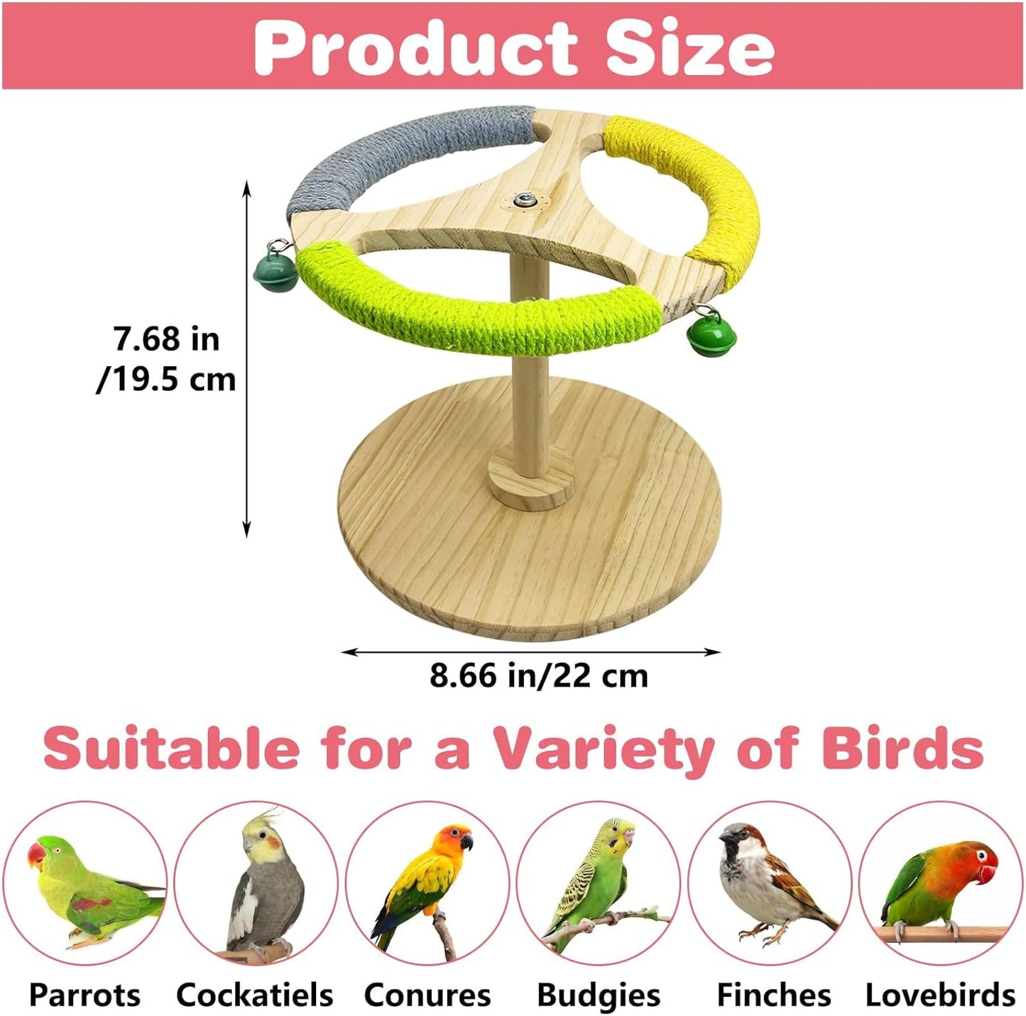 PINVNBY Bird Stand Perch Toy Wooden Spinning Parrot Perch with Cotton Rope and Bell Interactive Cockatiel Toy Bird Cage Accessories for Parakeets Conures Budgies Finches Lovebirds
