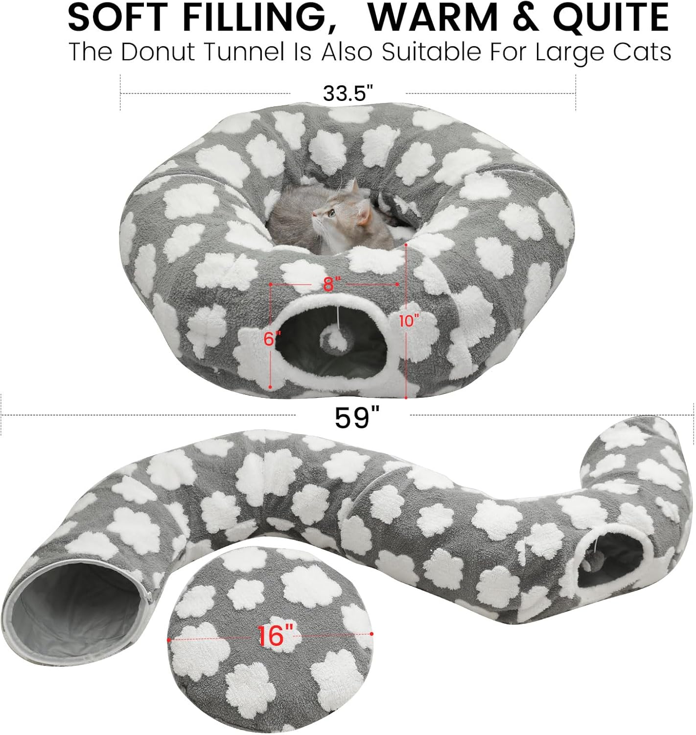 Cat Tunnel Bed for Indoor Cats,Soft Peekaboo Cave Cat Donut Tunnel with Washable Circle Cushion Central Mat, 3 Ways Shaped Round Pet Play Tunnel Toy for Kitten Puppy Rabbit Ferret Yellow