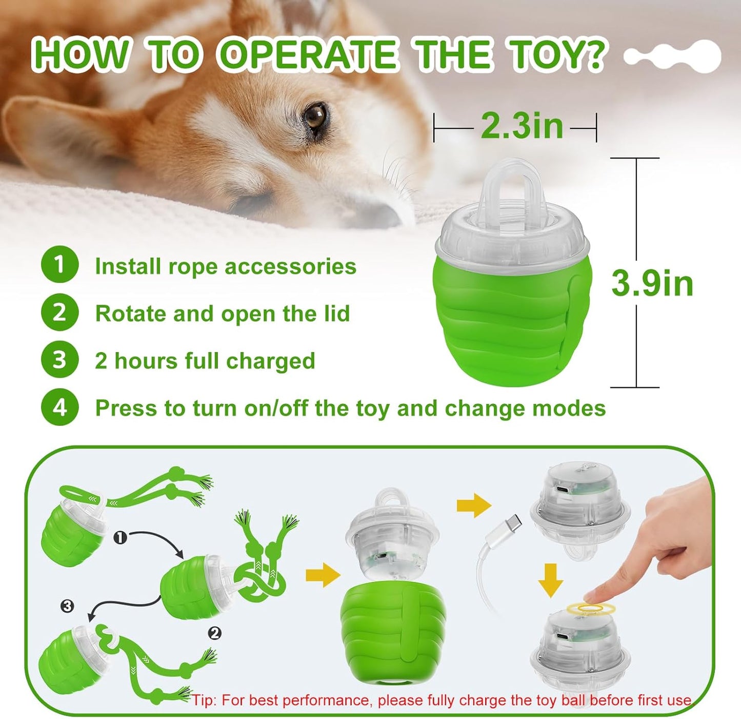 Interactive Dog Toys - [2025 Newly Upgraded] Motion Activated Ball for Small/Medium/Large Dogs, Automatic Moving Dog Toy Wicked Ball for Boredom & Training, Music, USB Rechargeable (Green)