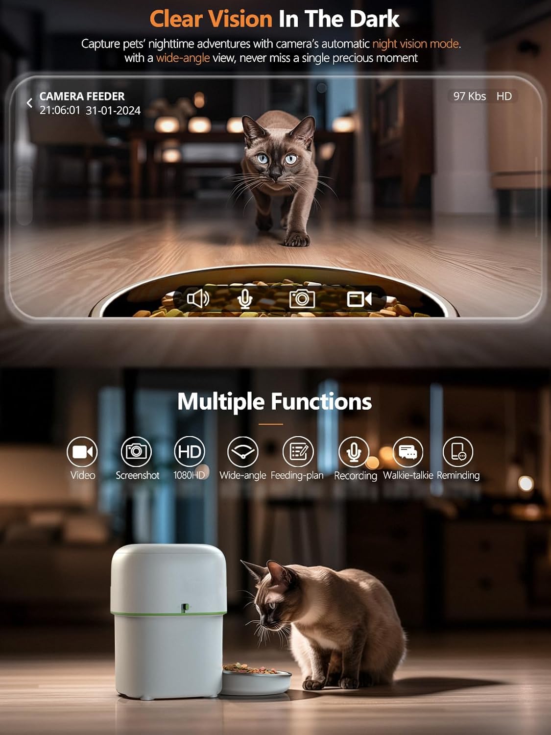 Automatic Cat Feeder with Camera - 5G WiFi Auto Cat Food Dispenser, 1080P HD Video with Night Vision, 1-15 Meals, 1-99 Portions, 2-Way Audio, Keeps Food Fresh, Timed Pet Feeder Also for Dogs