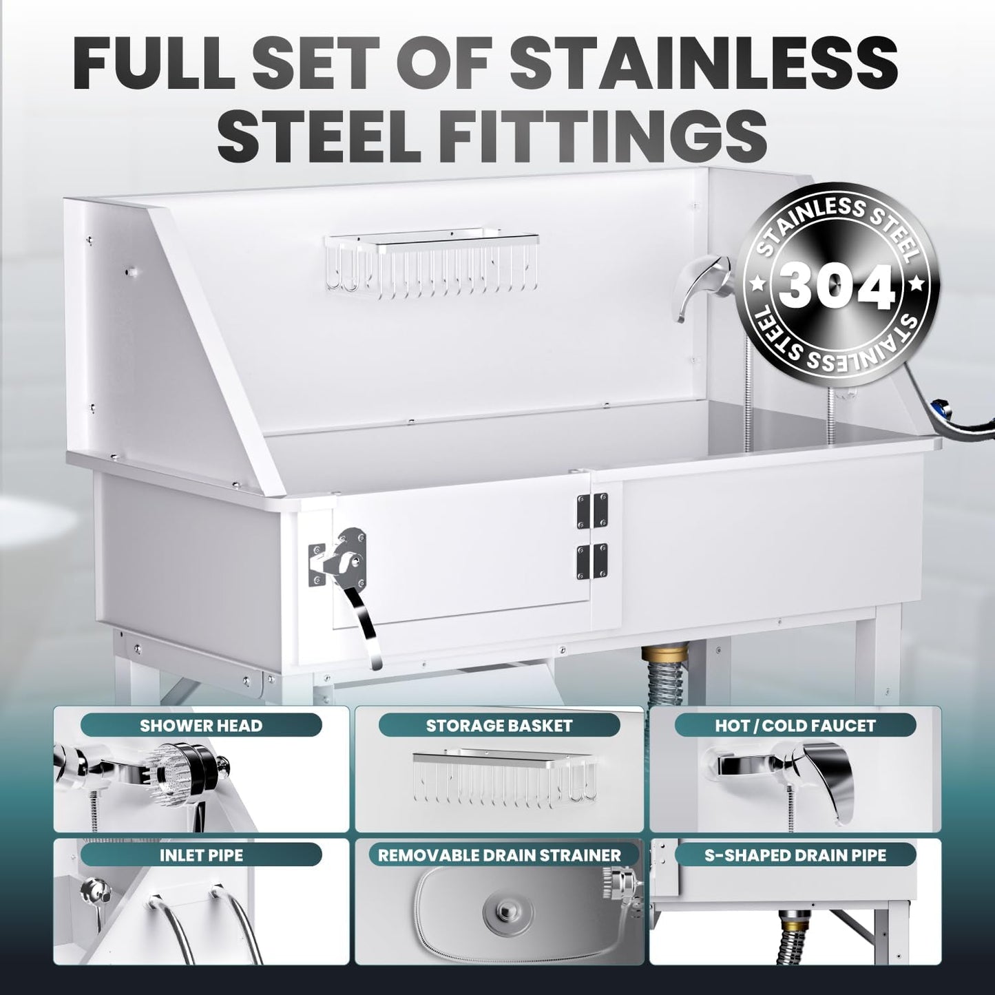 Dog Washing Station for Home, 38" White Professional Stainless Steel Dog Grooming Tub, Height Adjustable Dog Bathing Station, Upgrade Parts, Dog Bath Tubs for Small & Medium Dogs(Left Ramp)