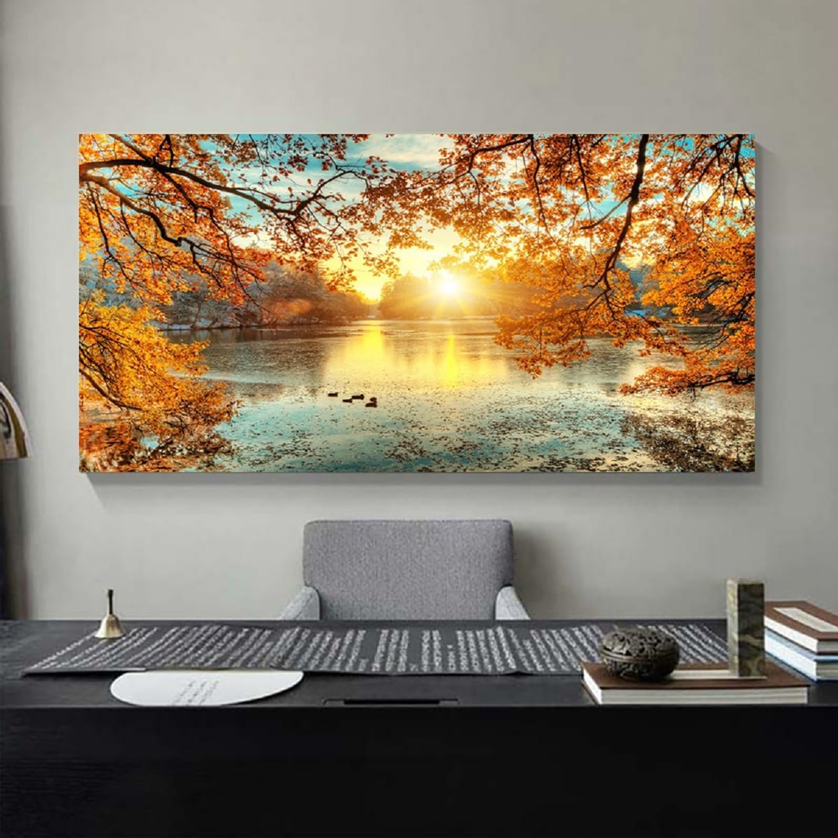 Yxbhhym-Landscape Tree Canvas Wall Art Fall Forest Sunset Wall Decor Poster Lake Water Pictures for bedroom wall decor Natural Scenery Paintings Artwork Large Living Room Decor Home Office Decoration