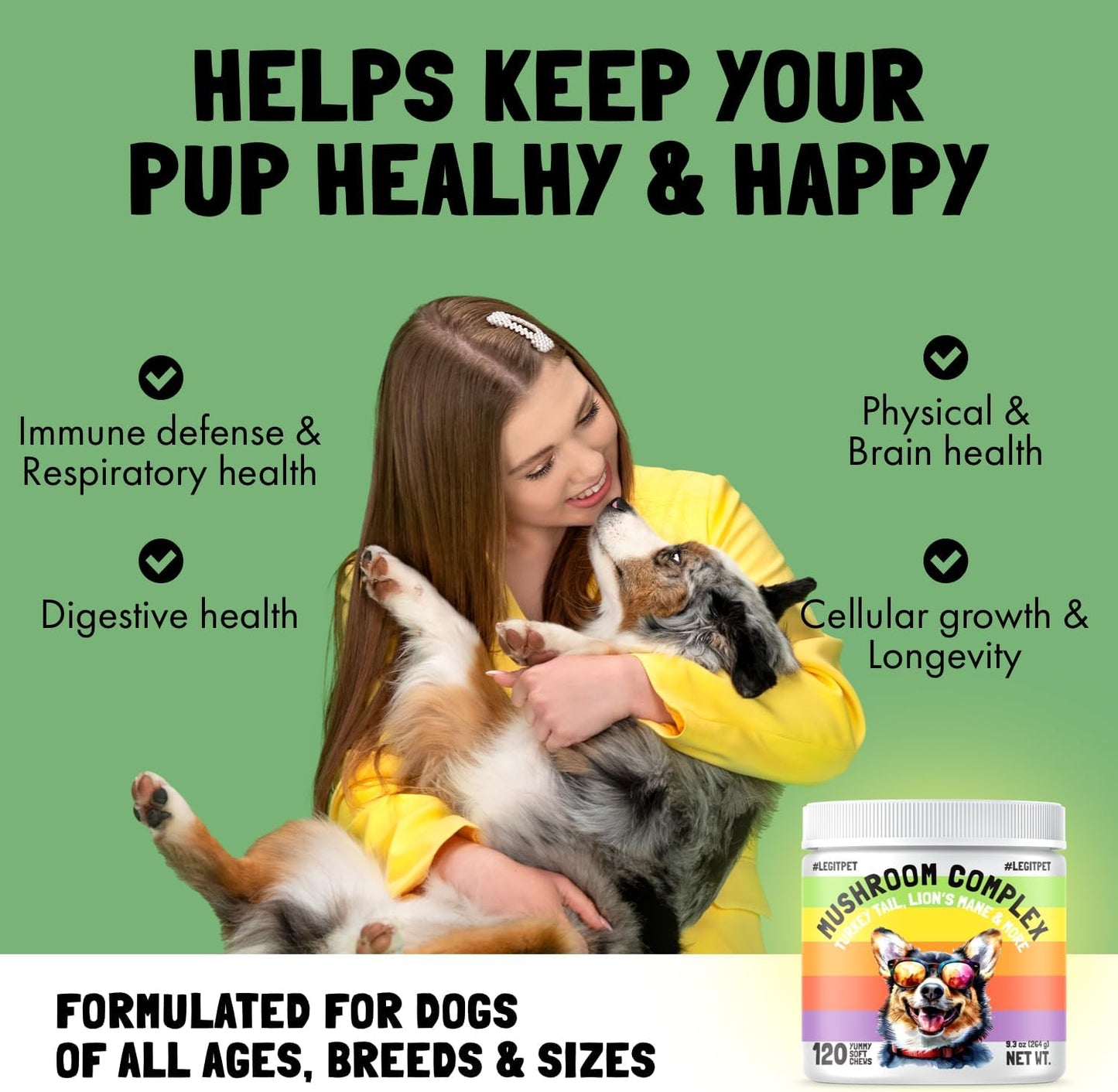 Mushroom Complex Treats for Dogs with Reishi, Shiitake, and Turkey Tail Mushrooms for Cognition and Immune Boosting Supports Digestive Health and Reduces Inflammation DHA EPA Turmeric Kelp (120pcs)