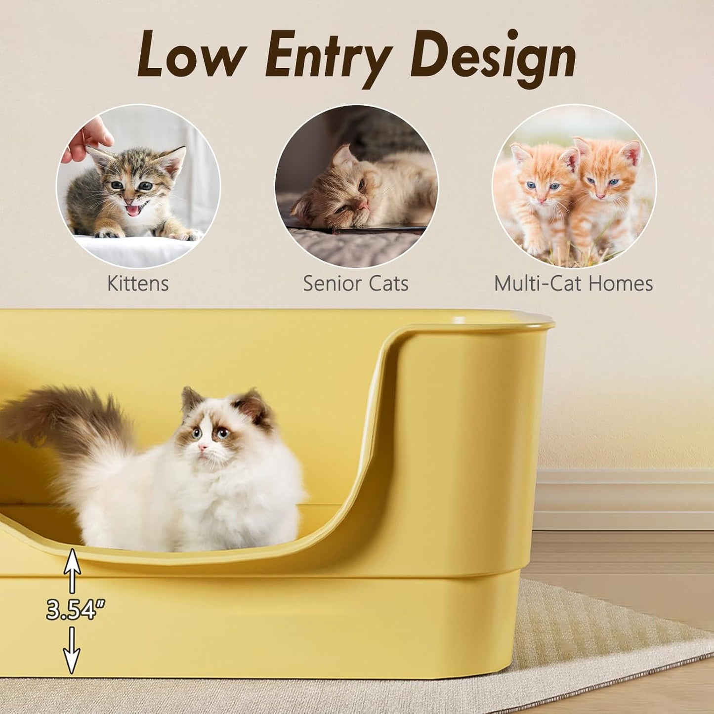Extra Large Cat Litter Box with High Sides,23.23"×16.34"×8.46",Jumbo Kitty Litter Box with Low Entry,XL Cat Boxes for Indoor Cats,Easy to Clean,Anti-Splashing (Yellow)