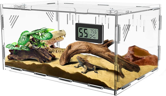 Reptile Terrariums, with Temperature Hygrometer, 11.8"x7.9"x5.9" Acrylic Reptile Breeding Box Terrarium Cage Tank for Small Reptile Insect Home Office