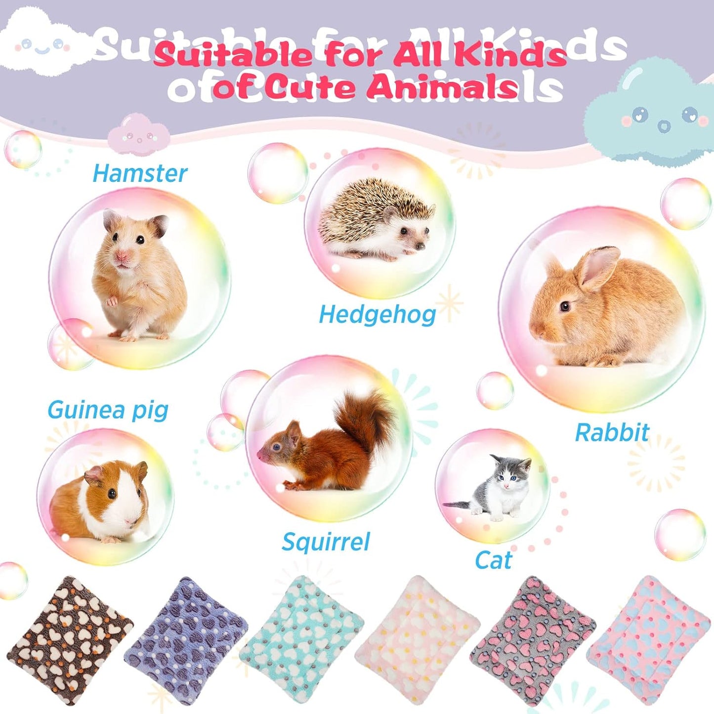 Yulejo 6 Pieces Guinea Pig Bed Plush Hamster Mat Bunny Bed Small Animal Sleeping Bedding Pads with Cleaning Dustpan Brush for Chinchilla Squirrel Hedgehog Small Animals (Vivid Color, Heart)
