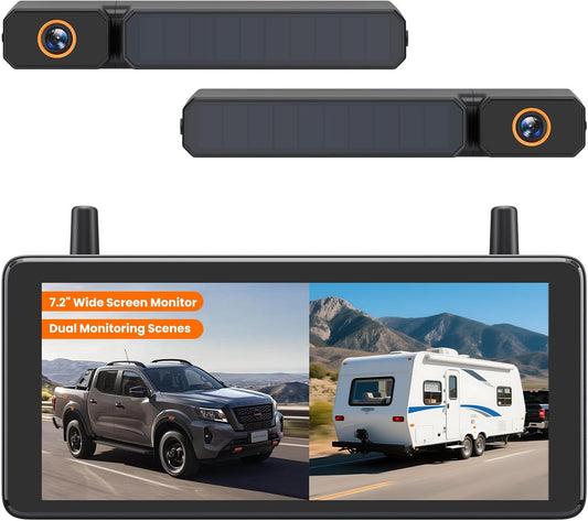 AUTO-VOX 2 Solar Wireless Backup Camera System with Two Cameras (License Plate & Portable): 7.2” 1080P HD Dual Channel Monitor, IP69K Waterproof Back up Camera for Truck,RV,Camper,Horse/Boat Trailer