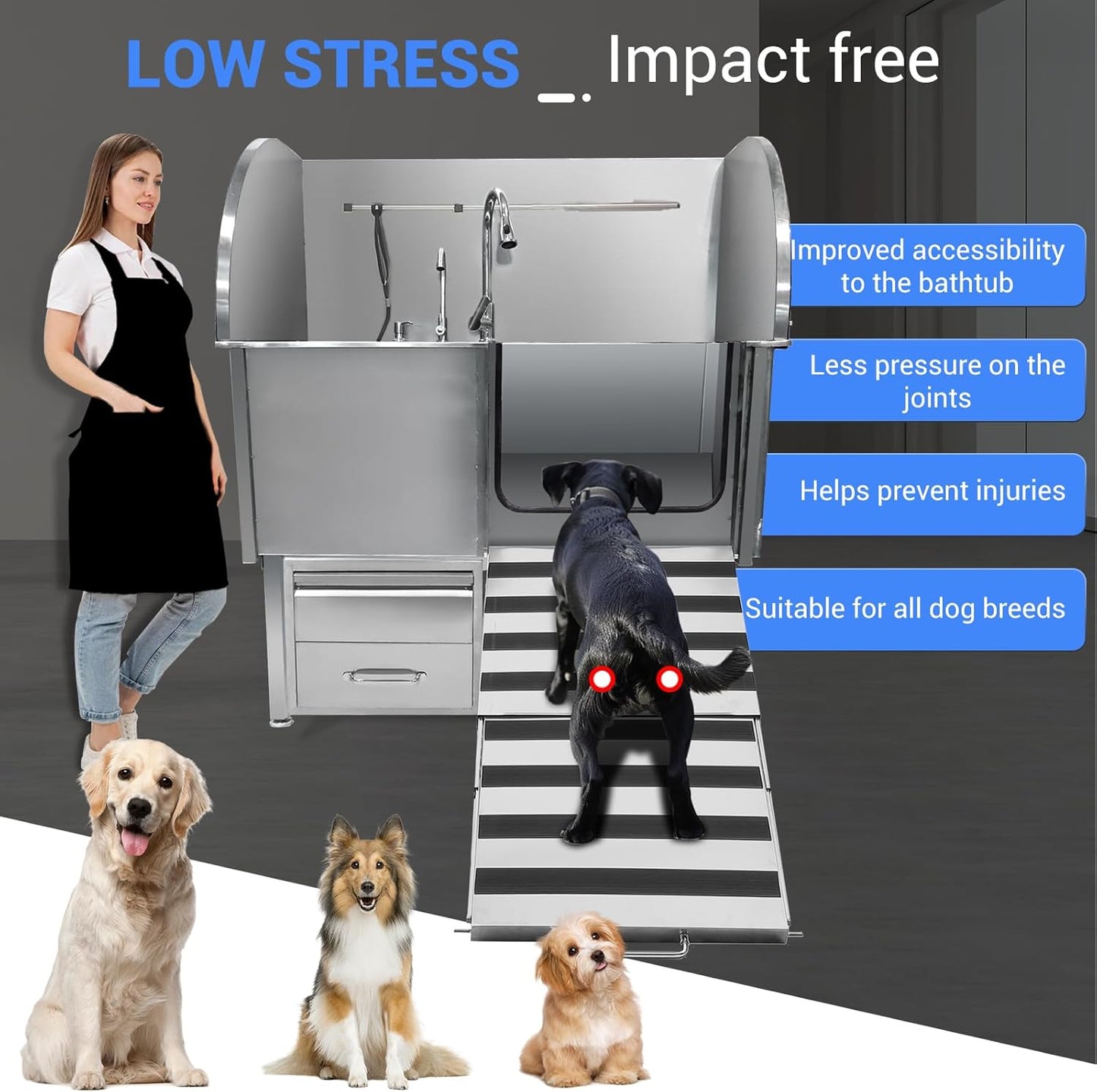 Professional Dog Grooming Tub, 38" Stainless Steel Dog Wash Station with Ramp, Storage Drawer, Floor Grate & Faucet/Dog Bathtub for Large, Medium & Small Pets, Right Door