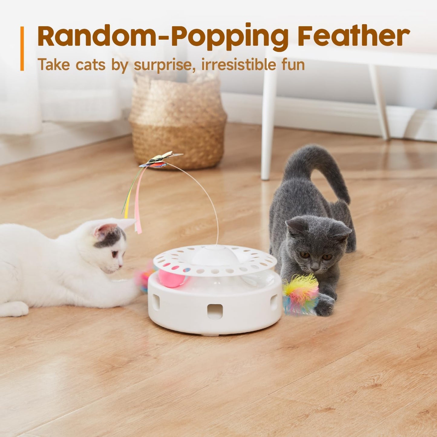 Potaroma Cat Toys 3in1 Automatic Interactive Kitten Toy, Fluttering Butterfly, Moving Feather, Track Balls, Dual Power Supplies, USB Powered, Indoor Exercise Kicker (Bright White)