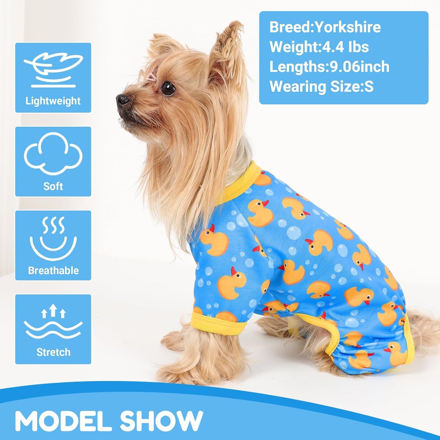 Dog Pajamas Small Sized Dogs Stretchable Summer Dog Clothes Pjs 4 Legs Girl Boy Cute Soft Puppy Outfits Doggie Cat Jammies Jumpsuit Sleeper for Pet, Blue Duck, L