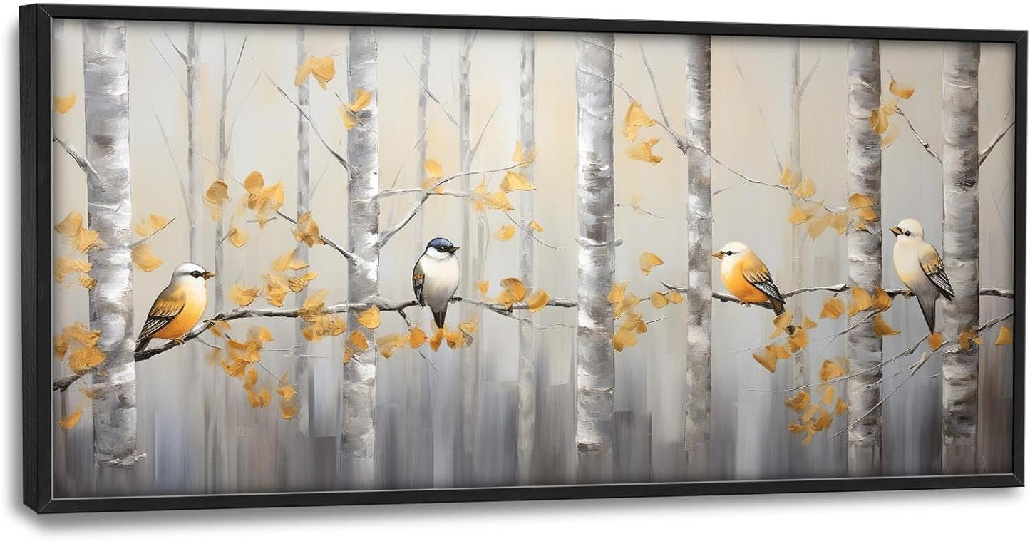 Quorin Bird Large Wall Art Abstract Forest Birds Pictures Wall Decor Yellow Woods Branches Tree Canvas Print Painting Artwork for Bathroom Living Room Bedroom 60L x 30W