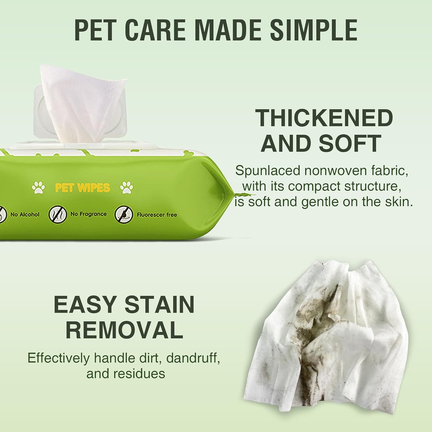 Pet Wipes -Cleaning and Grooming for All Pets, Alcohol-Free Portable Pack, Gentle for Face, Body, Paws and Butt-Thick Nonwoven Fabric-80 Count