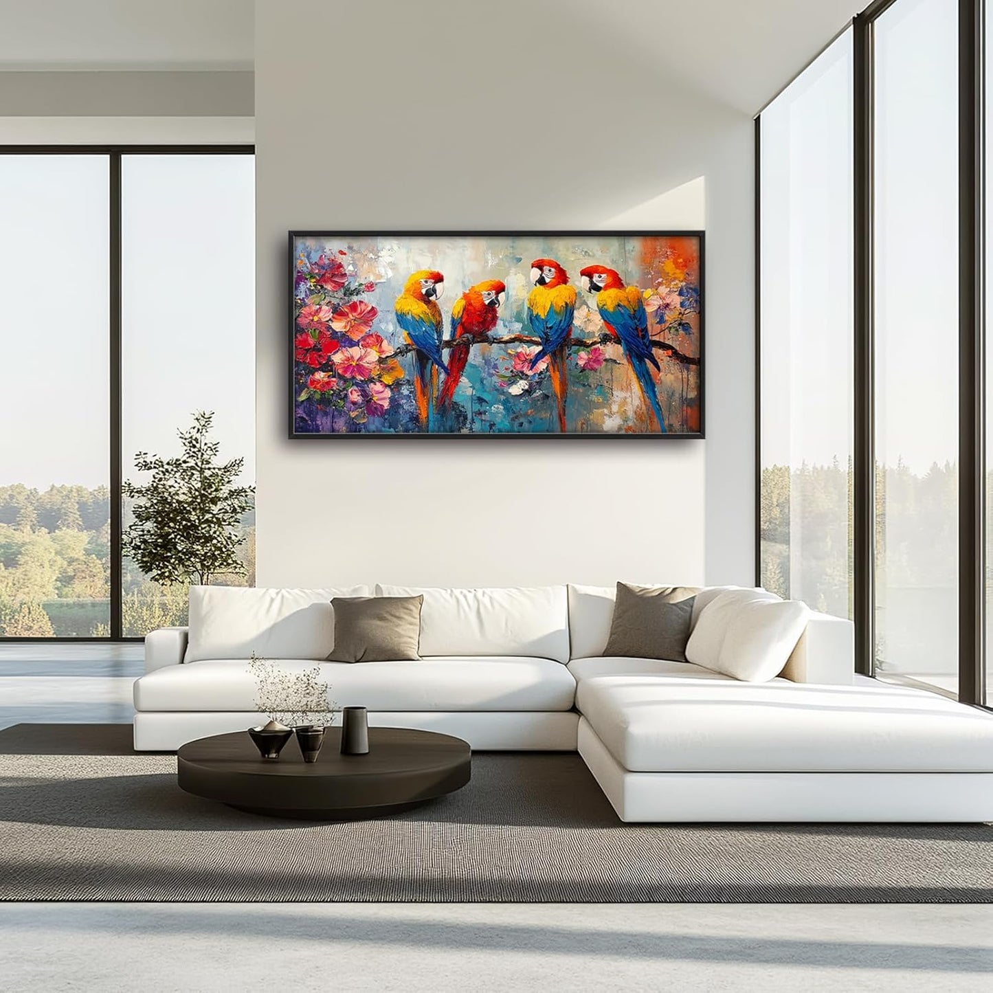 Extra Large Framed Parrot Bird Wall Art,Oversized Abstract Colorful Parrots Flower Wall Decor Pictures for Living Room,Canvas Print Painting Modern Artwork Bedroom Office Bathroom Home Decor 60L x30W