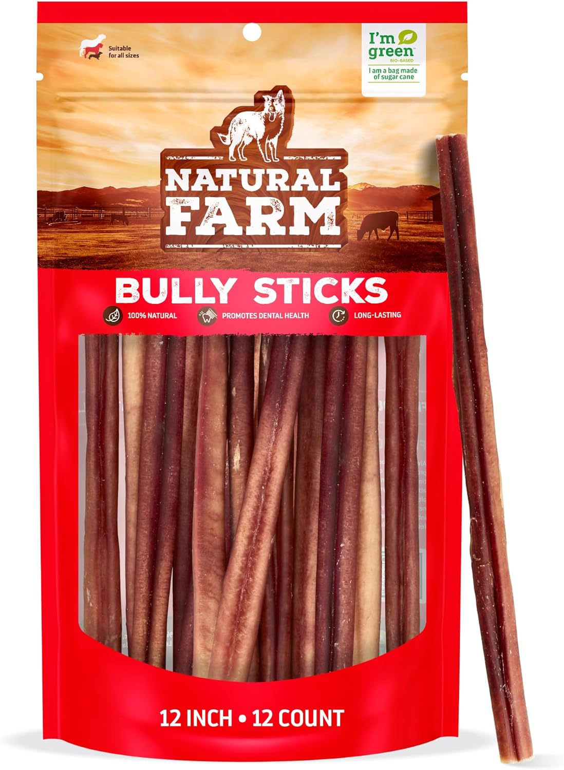 Natural Farm Odor-Free Bully Sticks (12 Inch, 12 Pack), 1.2 lbs. Per Bag, 100% Beef Pizzle Chews, Grass-Fed, Non-GMO, Fully Digestible Long Lasting Best Dental Treats to Keep Your Dogs Busy