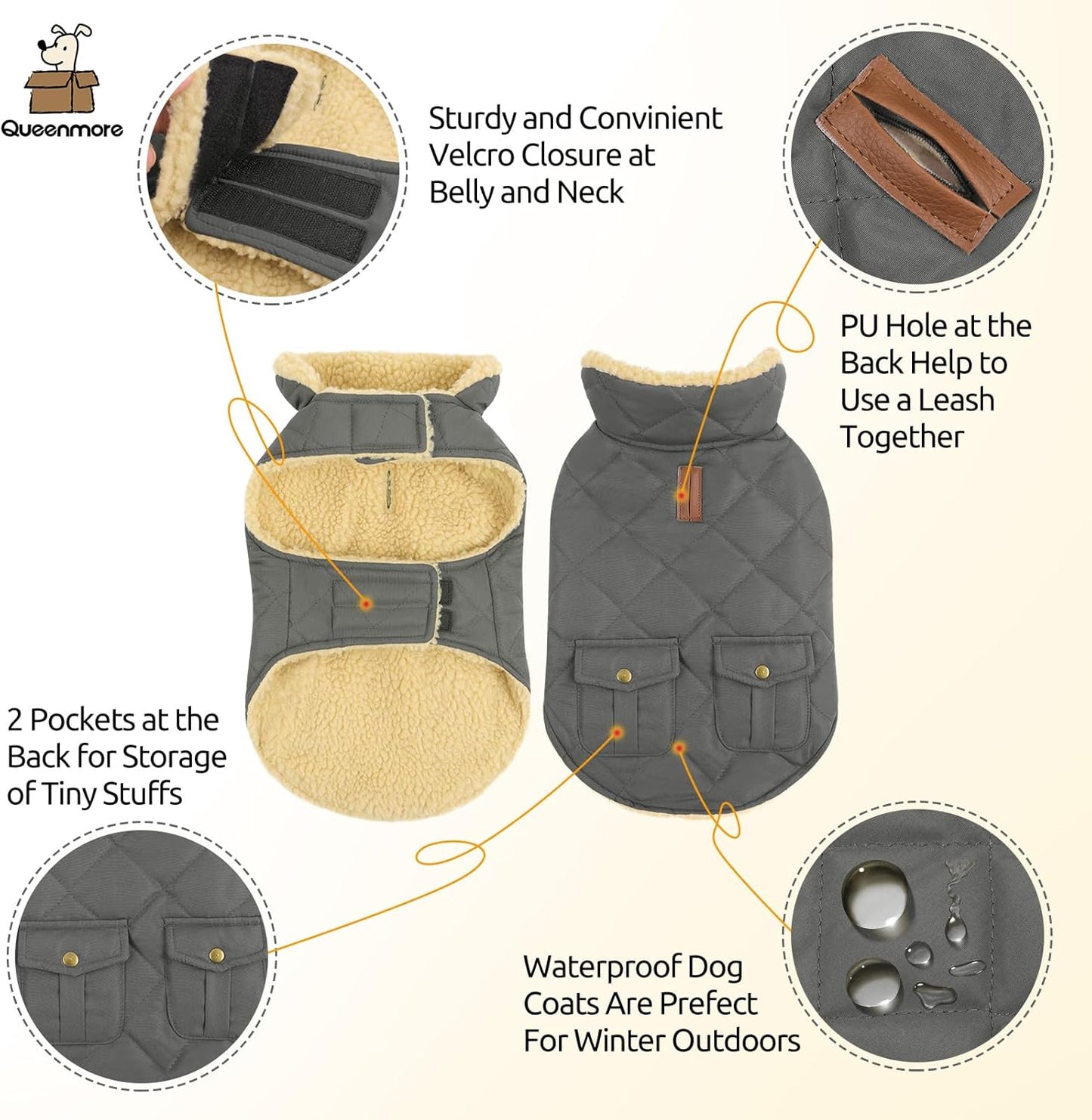 Queenmore Dog Winter Coat - Fleece Jacket, Waterproof Cold Weather Clothes, Thick Warm Cotton Padding, Easy On Storage Pockets (Grey, Medium)