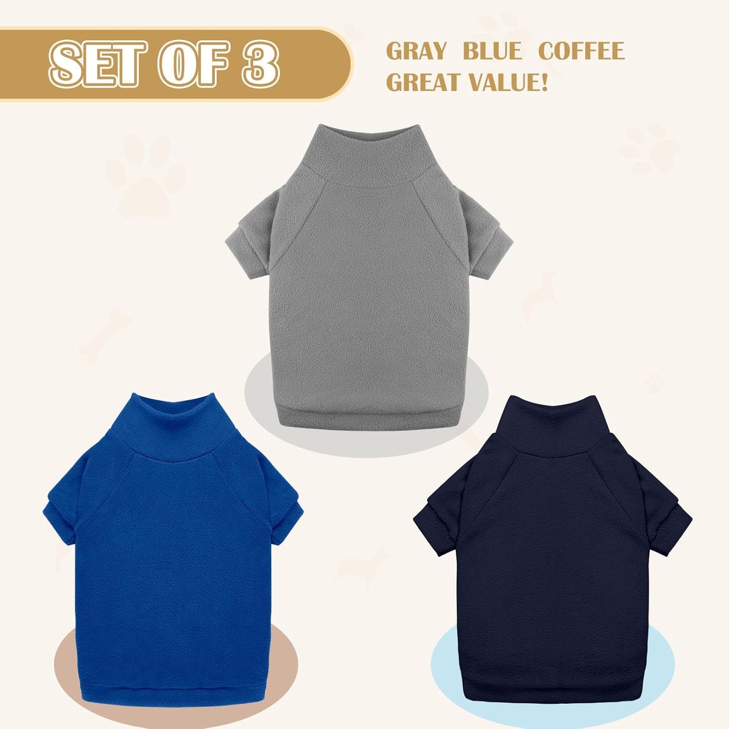 3 Pack Dog Sweater Fleece Pet Clothes Turtleneck Soft Warm Sweatshirt Dog Sweaters for Small Dogs Sweaters for Medium Dogs Boy Girl Pet(Gray+Royal Blue+Navy,S/M)