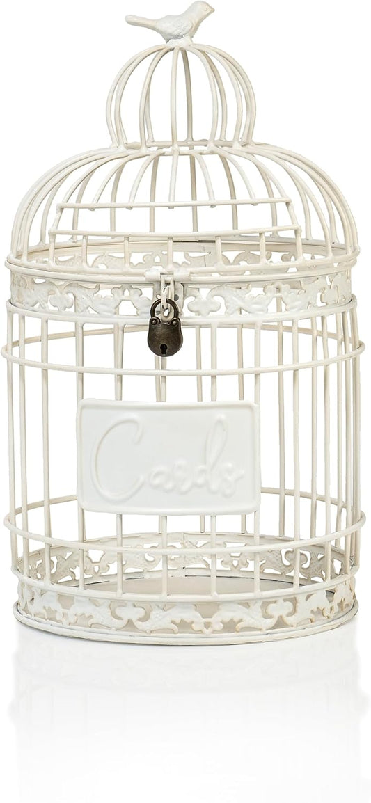 Red Co. 9.5” Dia Round Decorative Rustic Lockable Metal Birdcage Wedding Card Holder, White