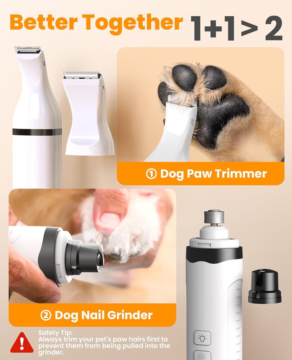 oneisall Dog Nail Grinder and Paw Trimmer Kit 2 in 1 Quiet Rechargeable Electric Pet Nail Grinder with 2 LED Lights and Cordless Dog Grooming Safe Clippers