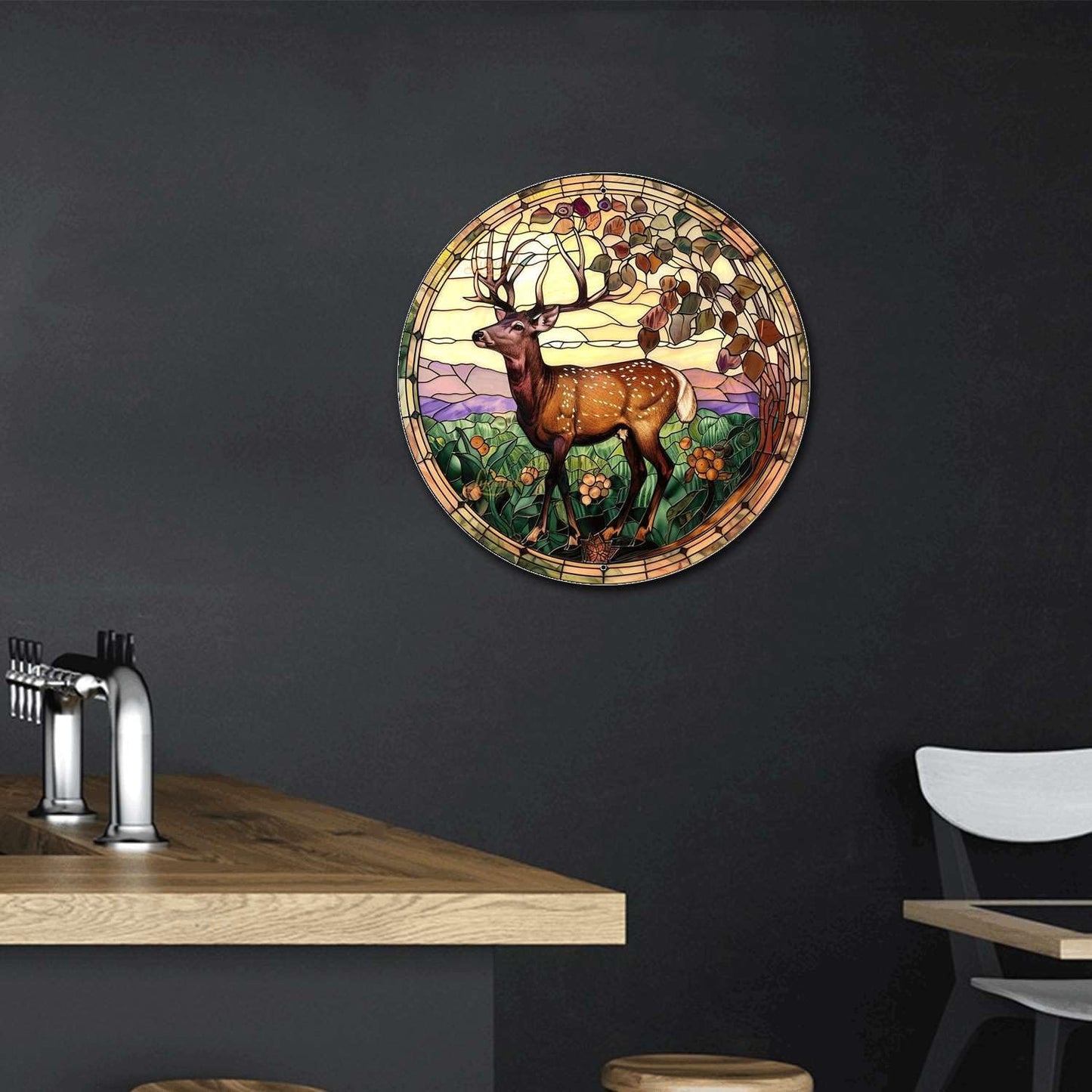 Lygond Metal Sign Tin Sign Circular Stained Glass Deer Metal Sign for Club 12×12 Inches