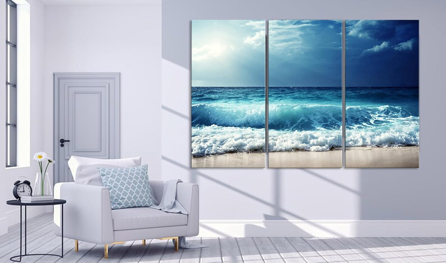 Nature Wall Art Prints - Ocean Forest Mountain Lake Canvas Landscapes - Small to Extra Large Living Room Bedroom Kitchen Bathroom Décor (Summer Ocean Beach, 39L" x 59W" - 3 Panels)