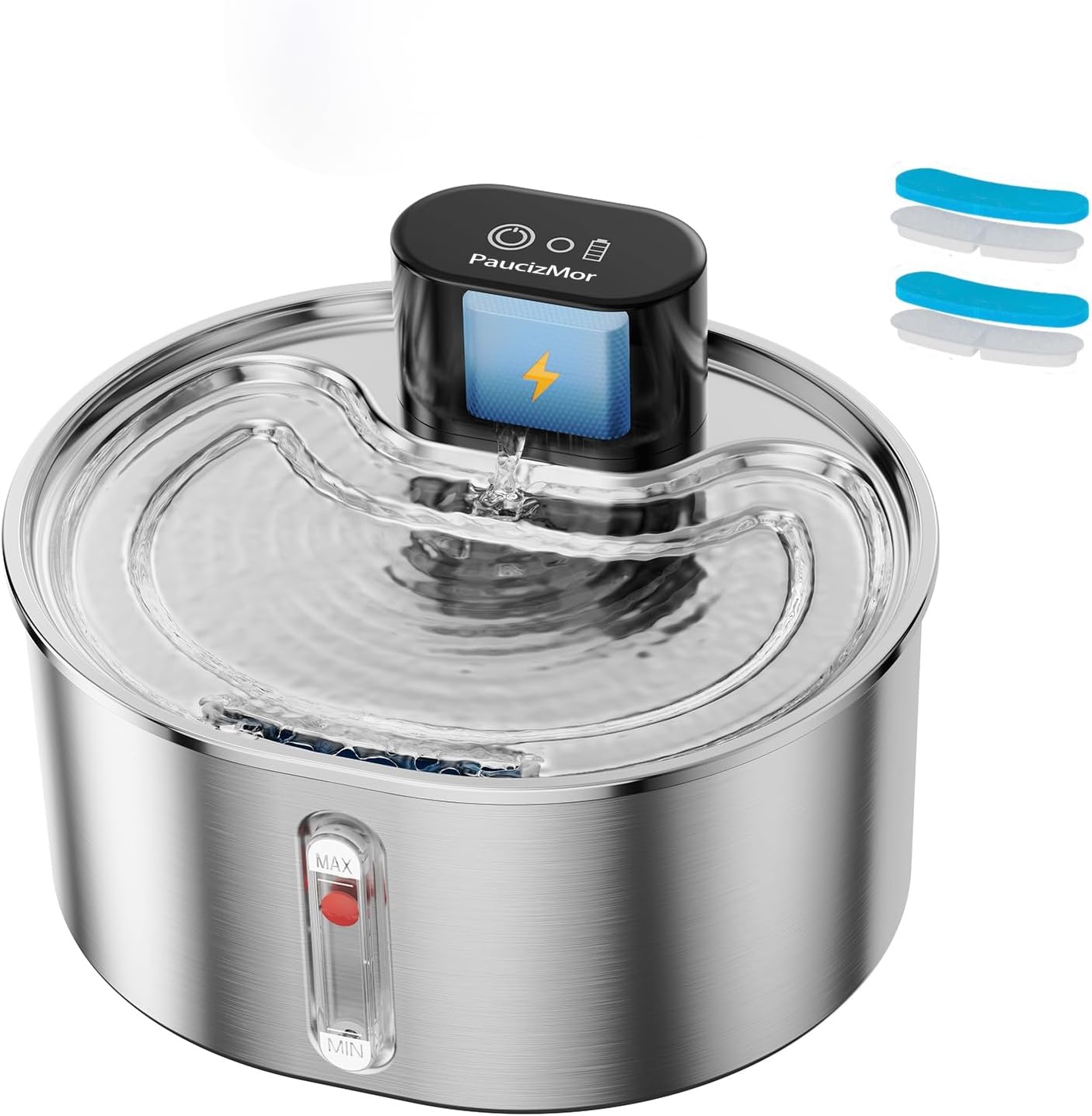 Pumpless Cat Water Fountain Stainless Steel Battery Operated, 108oz/3.2L Wireless Pet Water Fountain, Cordless Automatic Dispenser with 2 Replacement Filters for Cats, Dogs, Multiple Pets