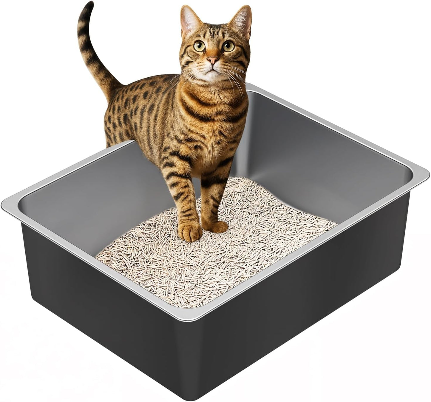 Ohtomber Stainless Steel Litter Box - High Sided Metal Cat Litter Box Pan, Never Absorbs Smell, Easy to Clean Non Stick Cat Litterbox Tray Toilet Pet Supplies for Indoor Kitty, Kitten, Rabbit, Puppy