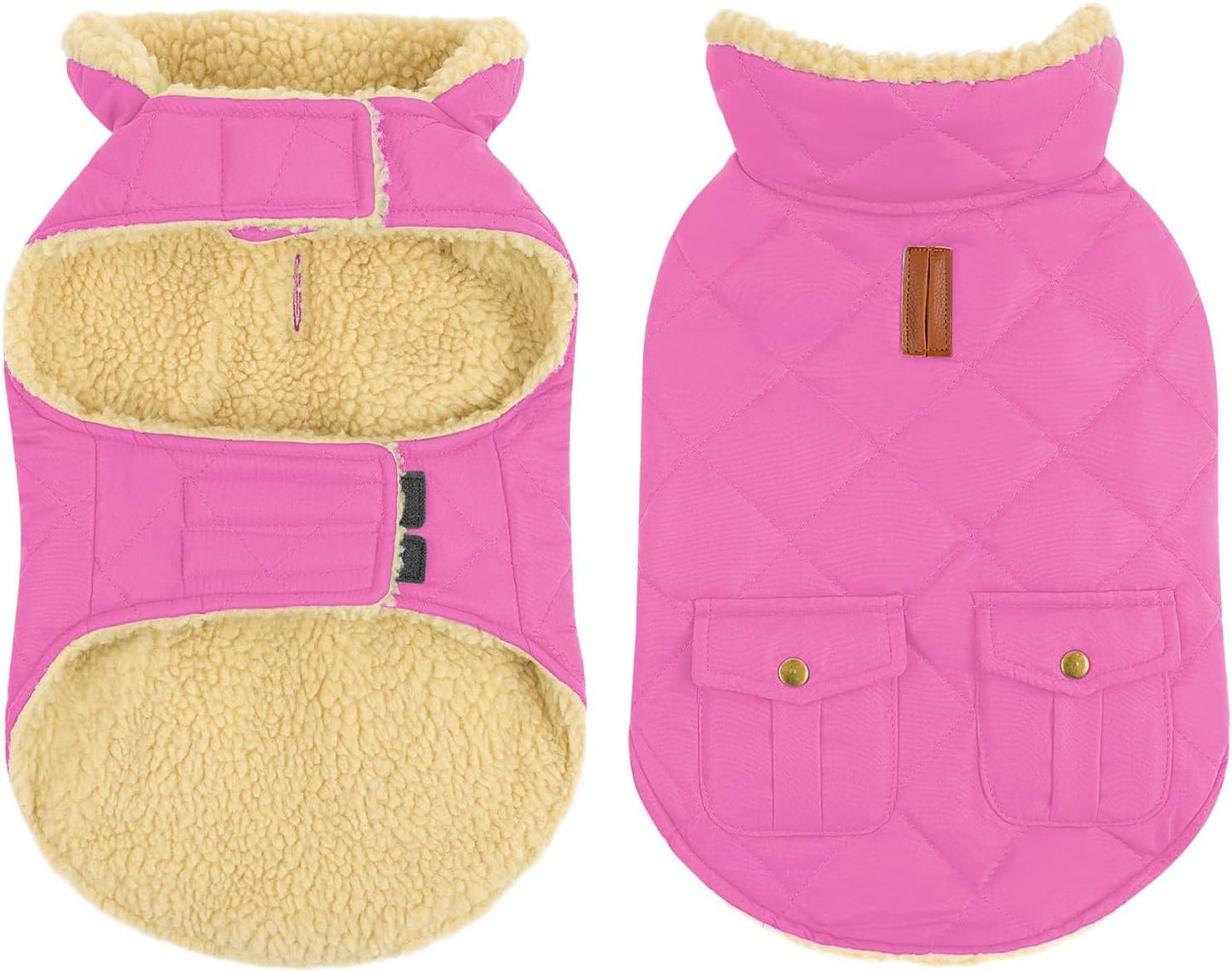 Queenmore Dog Winter Coat - Fleece Jacket, Waterproof Cold Weather Clothes, Thick Warm Cotton Padding, Easy On Storage Pockets (Pink, Medium)