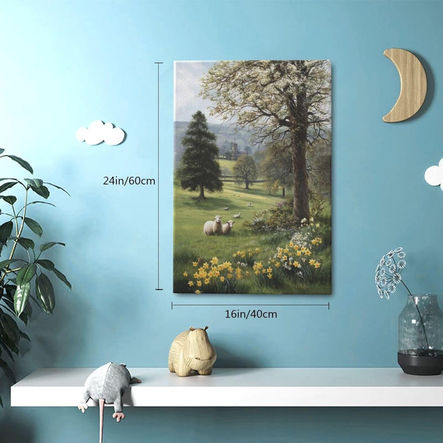 Country Sheep Canvas Wall Decor Farmhouse Rustic Lamb Wildflower Wall Art Nature Countryside Landscape Pictures Painting Print Framed Artwork Decorations for Bathroom Living Room Bedroom 16"x24"