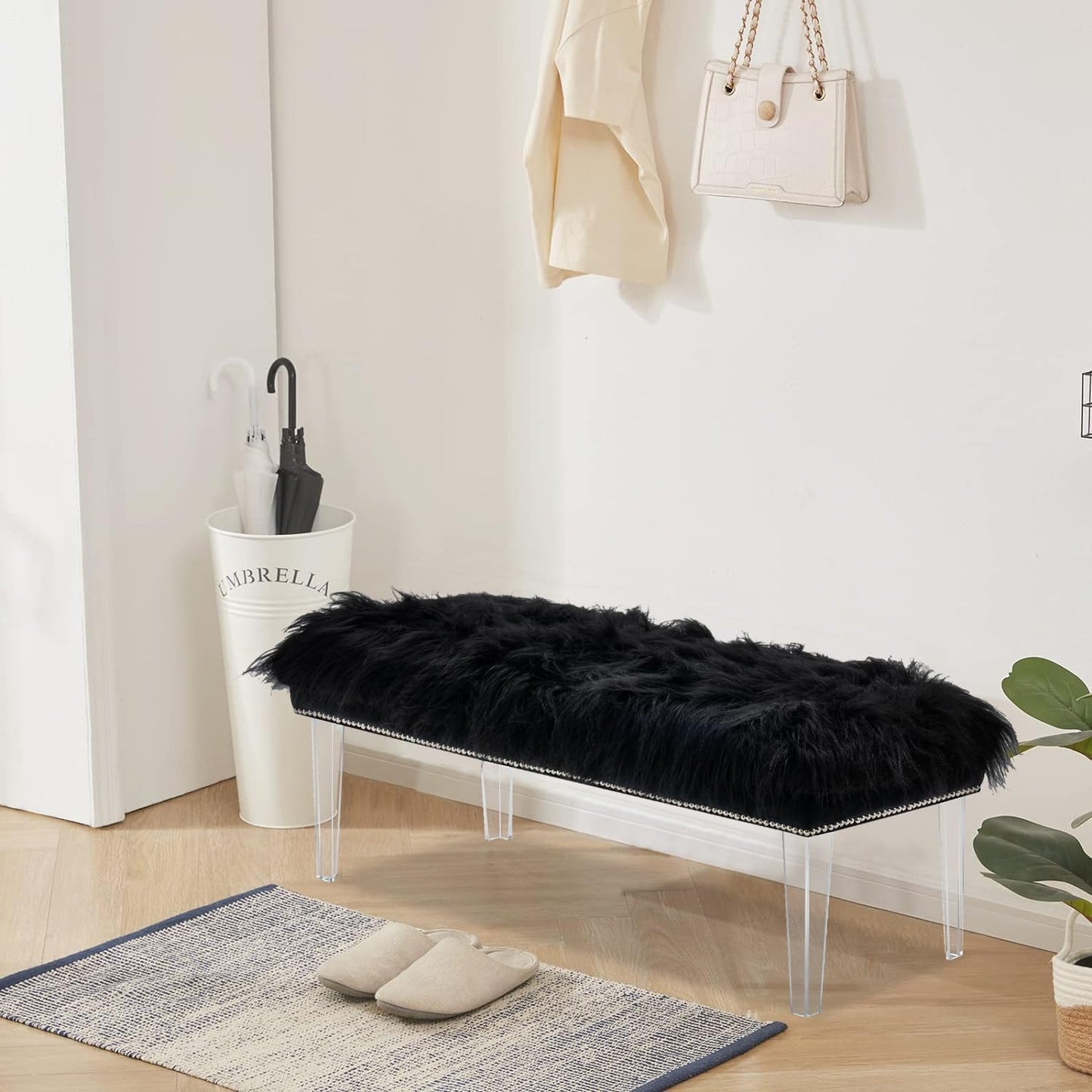 46 Inch Black Bedroom Bench, Benches for Bedroom White Faux Fur Upholstered Bed end Bench, Tufting Bench Indoor Bench with Acrylic Legs for Living Room Bedroom Dining Room Entryway, Black