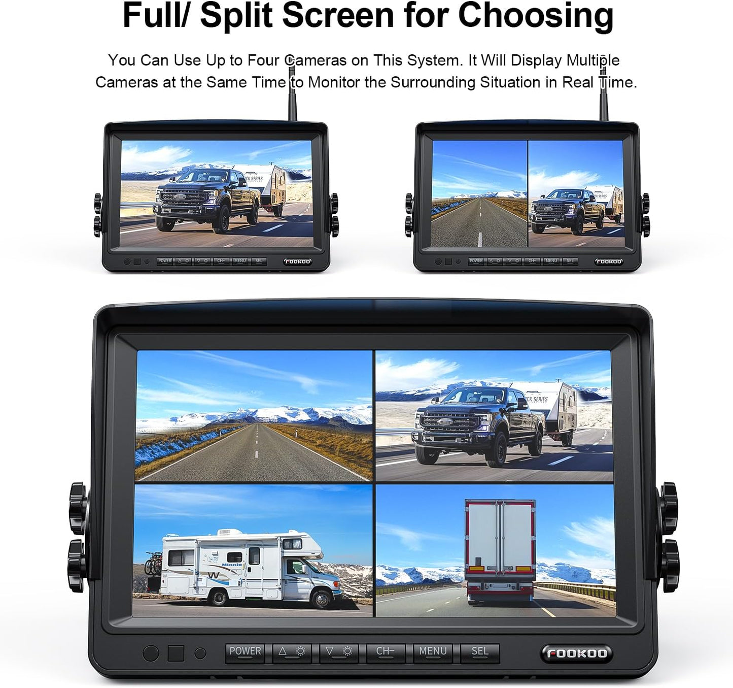 Fookoo 1080P 7" Wireless Backup Camera System, 7" HD Dual/Quad Split Monitor with Recording, IP69 Waterproof Rear View Front View Cameras with Parking Lines, Suits for RV/Truck/Trailer/Van/Bus(DW702)