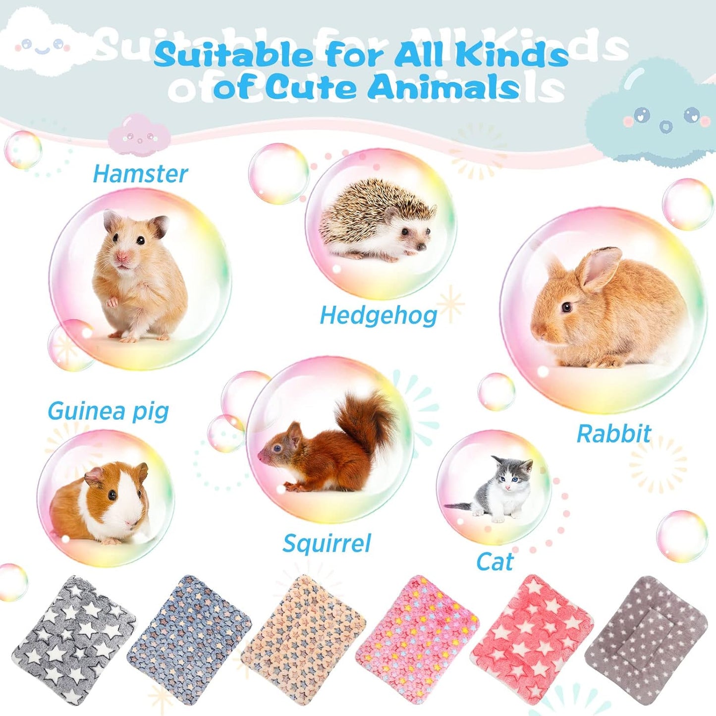 Yulejo 6 Pieces Guinea Pig Bed Mats with Cleaning Dustpan Brush Washable Plush Cage Lines Soft Fleece Sleeping Bedding Pads for Hamster Bunny Chinchilla Squirrel Small Animals (Cute Color, Star)