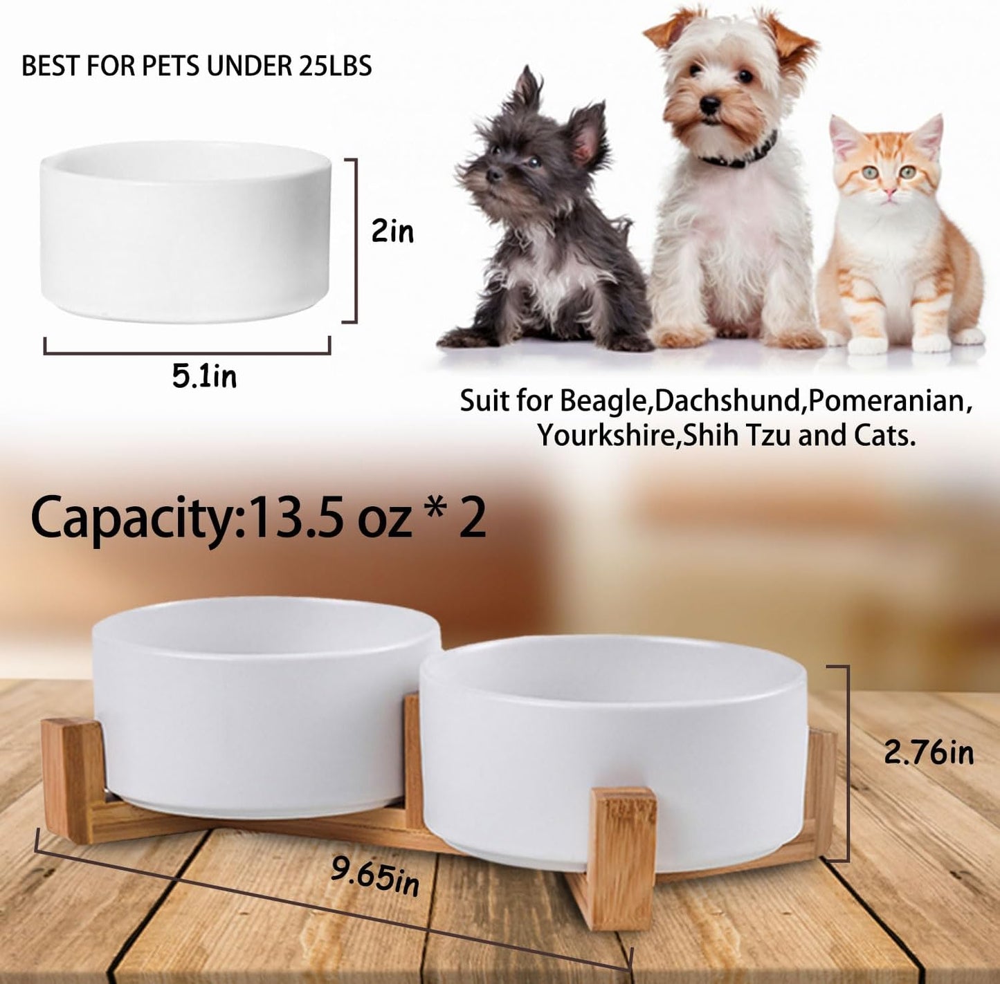 Petygooing Dog Bowls,White Ceramic Cat Dog Bowl Set with Wood Stand for Food and Water Feeder, Modern Pet Dish Set for Cats and Small Size Dogs Puppy (13.5OZ/5.1 in)