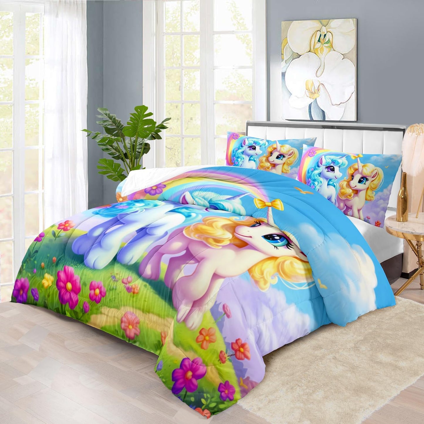 Unicorn Comforter Set Twin,Kawaii Unicorn Bedding Set Twin Kids,Rainbow Comforter Blue Bedroom Decor,Cute Animal Bedding Rainbow Bed Decor for Girls,Cartoon Blue Floral Quilt