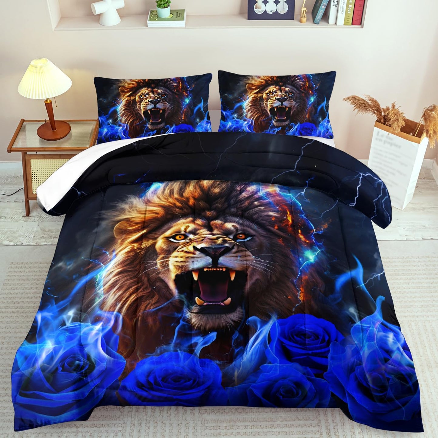 Lion Blue Comforter Set Full,Lion Bedding Set Boys,Animal Print Comforter Bedroom Decor for Home,Vintage Floral Quilt,Blue Flower Bedding Adult,Tiger Quilt Bed Decor Teen