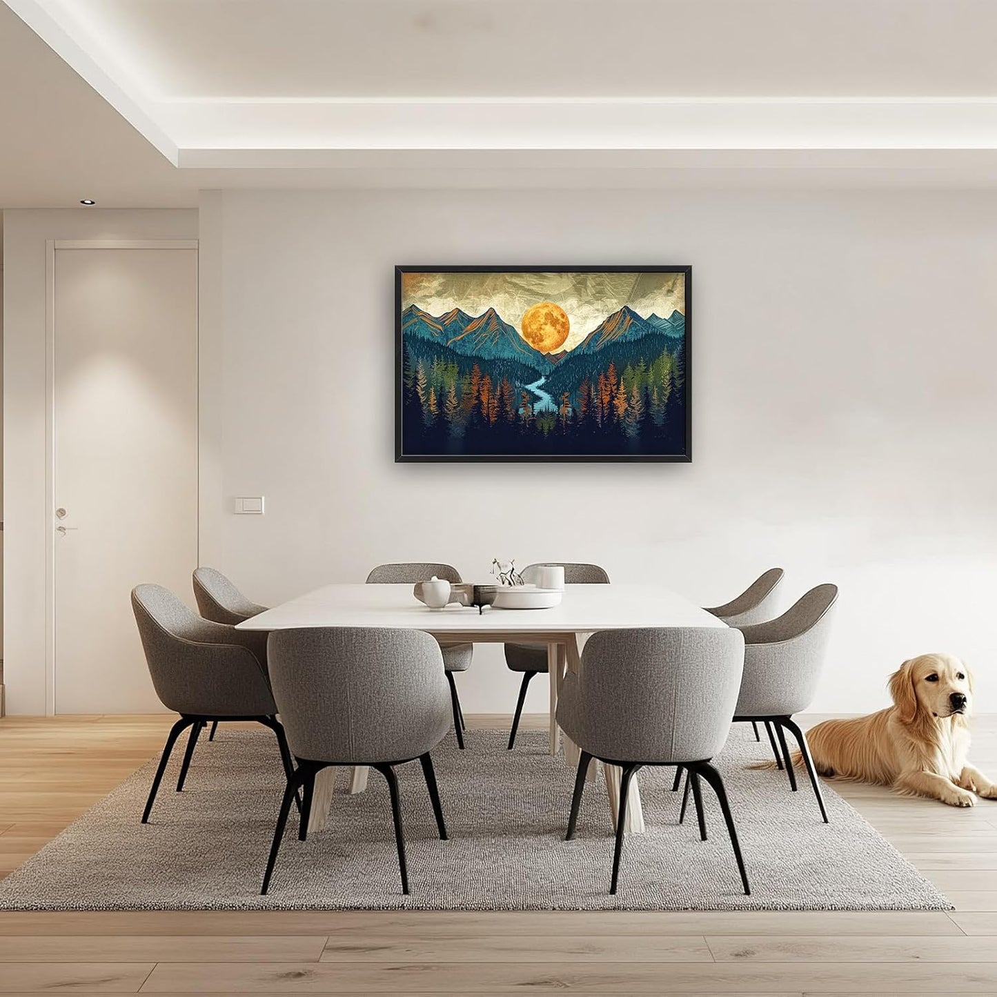 Quorin Boho Mountain Large Wall Art Mountain Landscape Pictures Moon Pine Tree Forest Lake Wall Decor Nature Canvas Print Painting Artwork for Bathroom Living Room Bedroom 36L x 24W