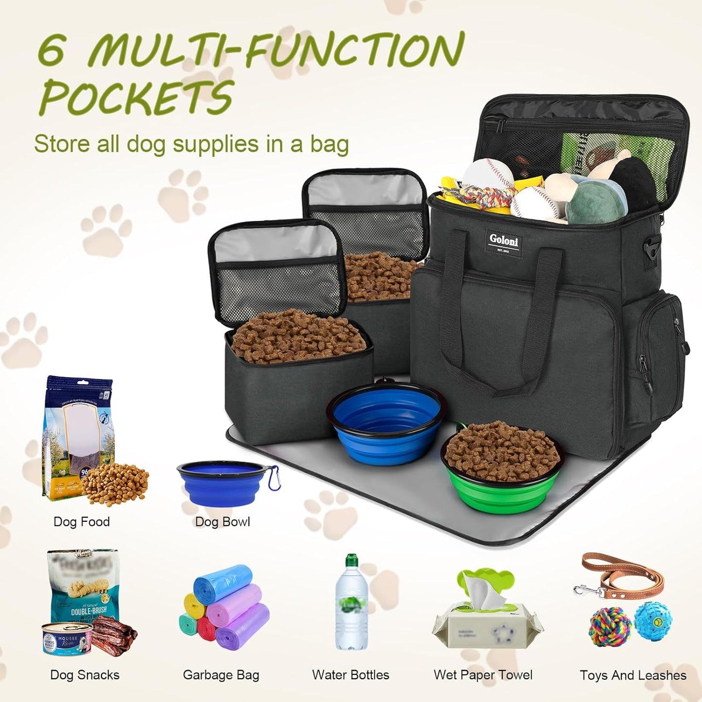 Dog Travel Bag Airline Approved–Pet Travel Tote with Collapsible Bowls,Food Containers & Feeding Mat–Multi-Pocket Organizer for Dogs & Cats, Durable & Water-Resistant for Hiking,Trips,Outdoors