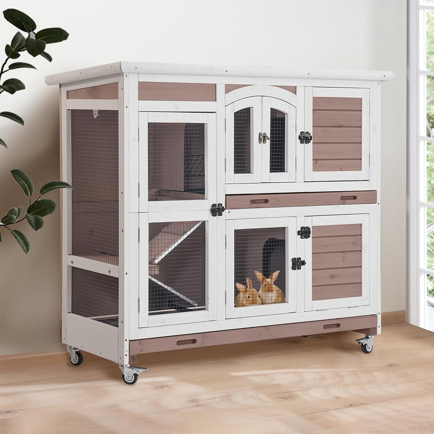 GUTINNEEN Large Rabbit Hutch Wooden Bunny Cage Indoor with Chew-Proof Ramp, 2-Story Guinea Pig Cages with Casters, Pull-Out Trays for Rabbits, Guinea Pigs, 47.2" L x 19.7" W x 42.1" H