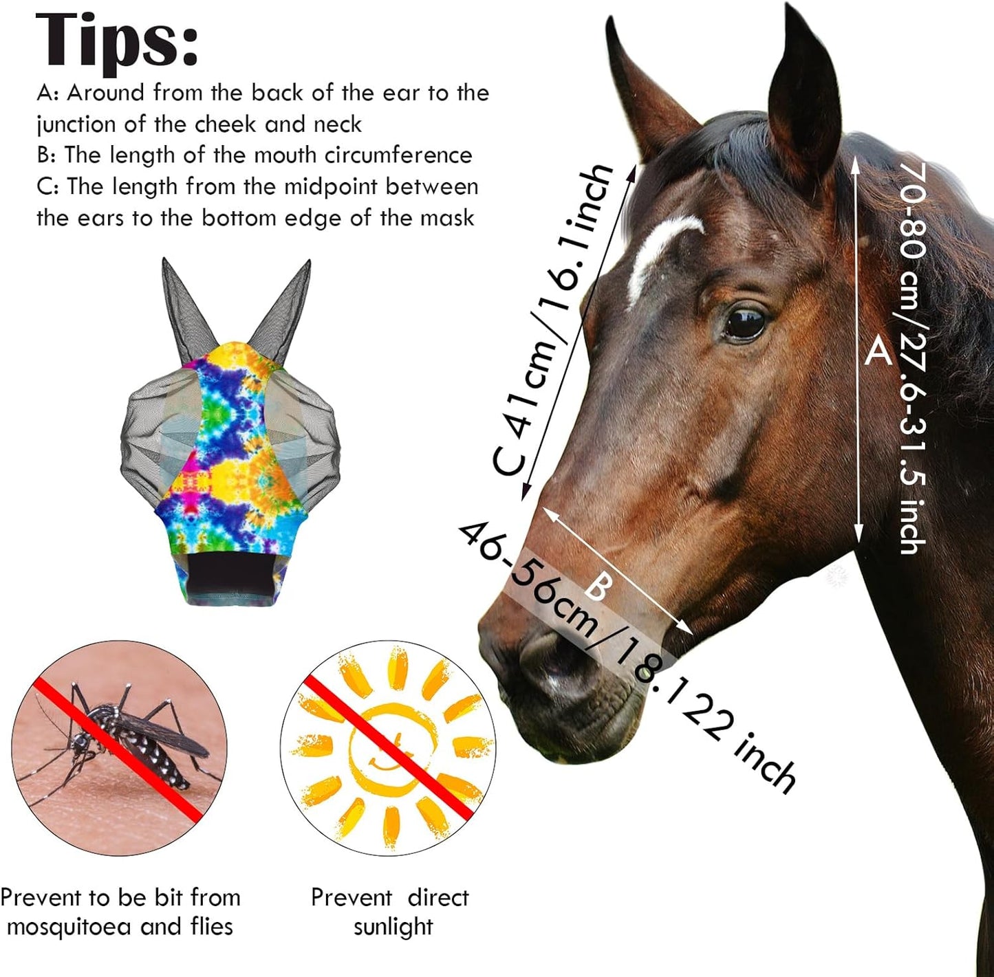 Qualirey12 Pieces Horse Fly Mask Bulk Comfortable Elasticity Mask for Horses with Ears Net UV Protection Breathable Face Covering for Pony and Foal(Medium, Tie Dye Patterns)