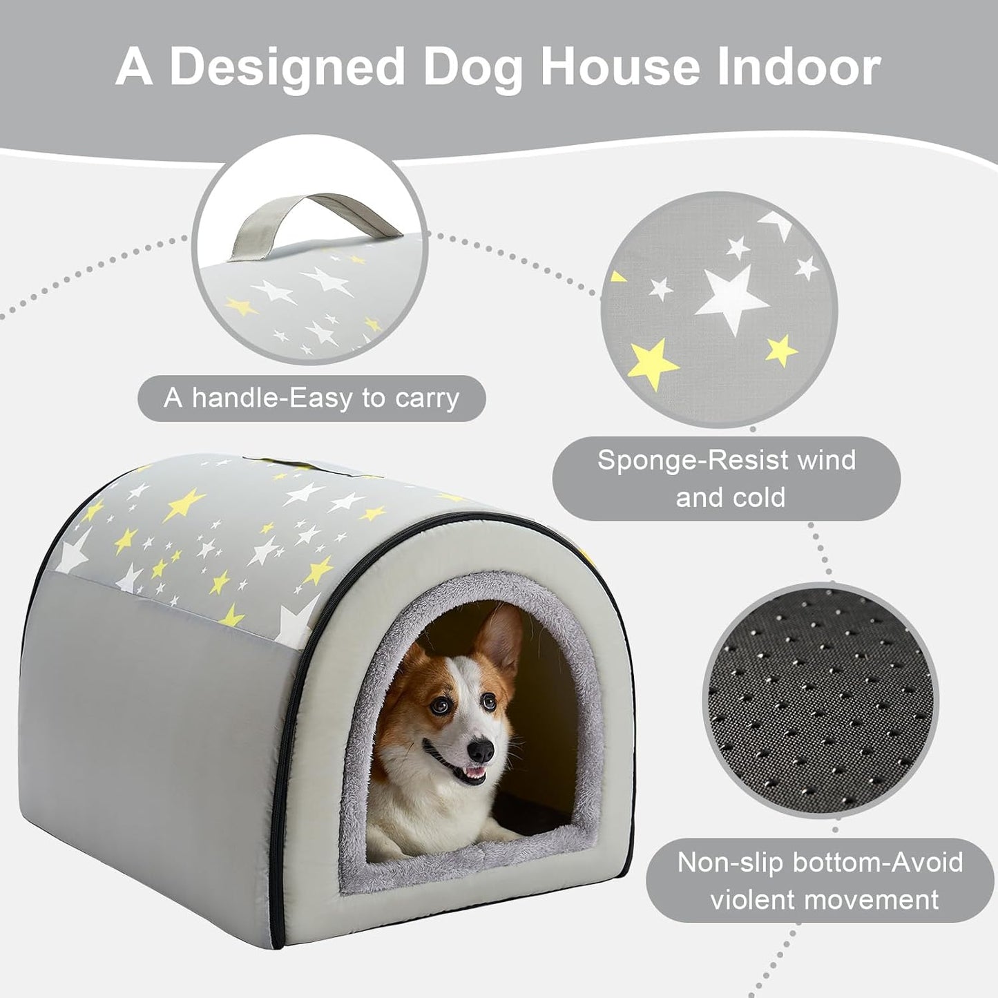 Jiupety 2 in 1 Dog House Indoor, Comfy Cave Bed Covered Dog Bed, Portable House for Medium and Large Dogs, 2XL(35"×27"×26"), Up to 70 Lb, Grey