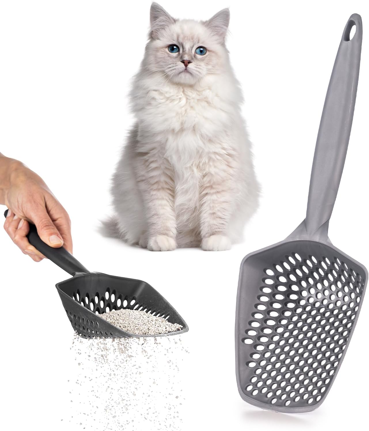 Set of 1 Cat Litter Scoop with Small Holes, Deep Sifting Shovel for Fine Litter, Reptile Terrarium Sand & Rabbit Pooper Lifter, Hanging Handle Poop Scooper (Gray, Set of 1)