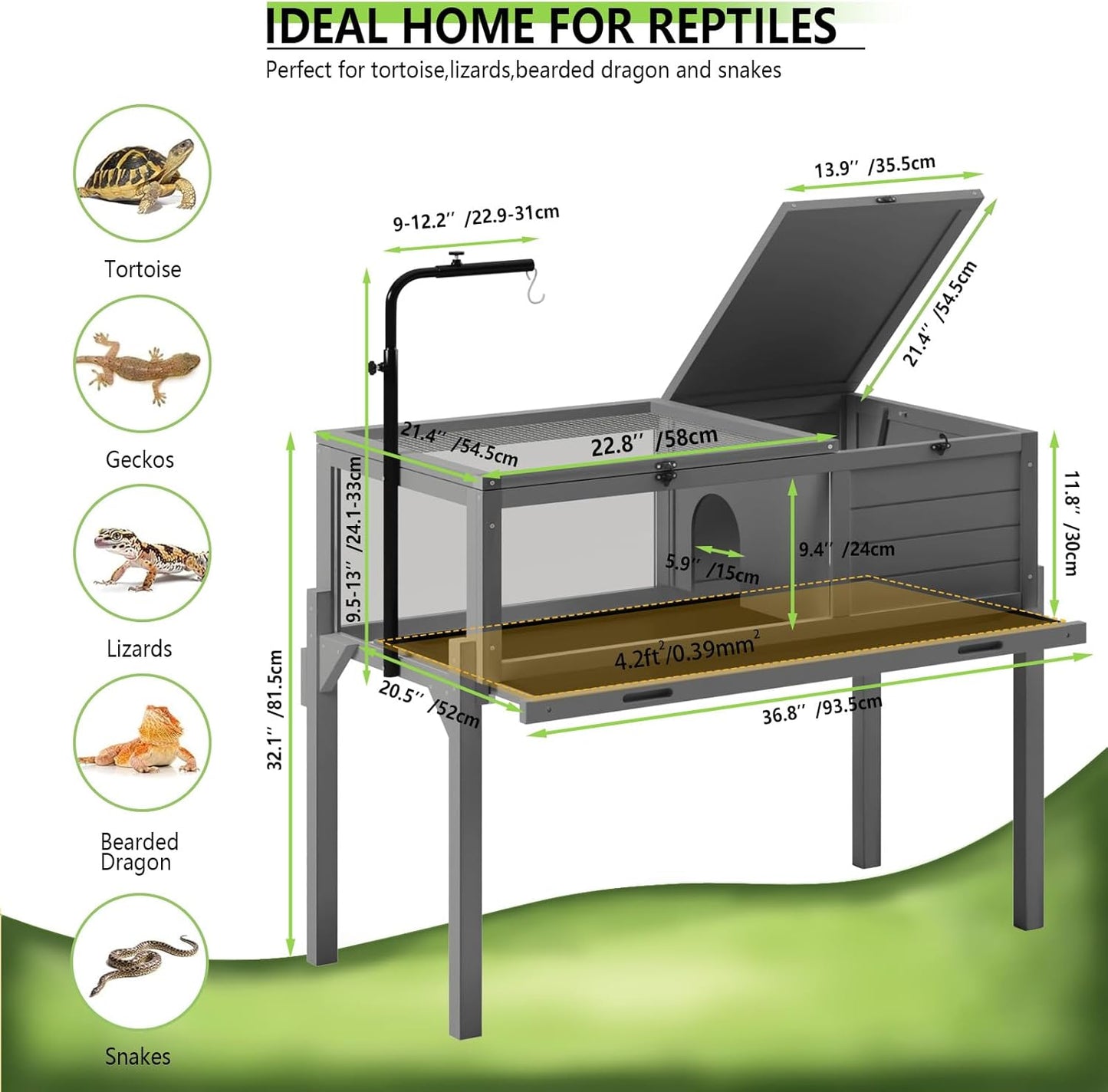 Tortoise Habitat with Adjustable Lamp Holder, Turtle Enclosure Indoor/Outdoor, Wooden House for Small Animals, Large Reptile Terrarium Table with Detachable Legs (New Gray)