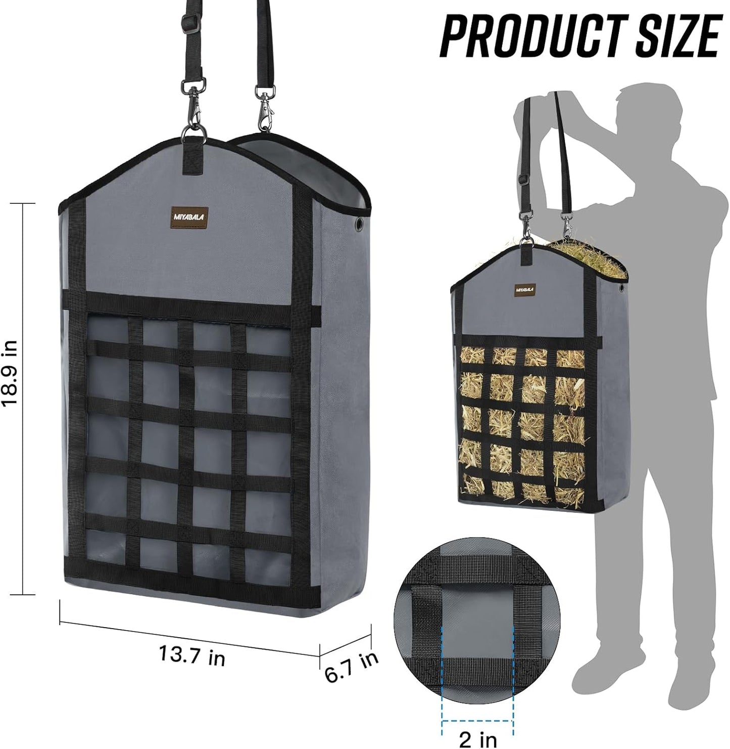 Hay Bags for Horses,3 Packs Slow Feed Hay Bags for Goats,Sheep,Donkey,Premium Oxford Hay Feed Bags with Front Hay Nets Design, Easy to Fill and Hang with Large Opening (1 Black+2Grey)