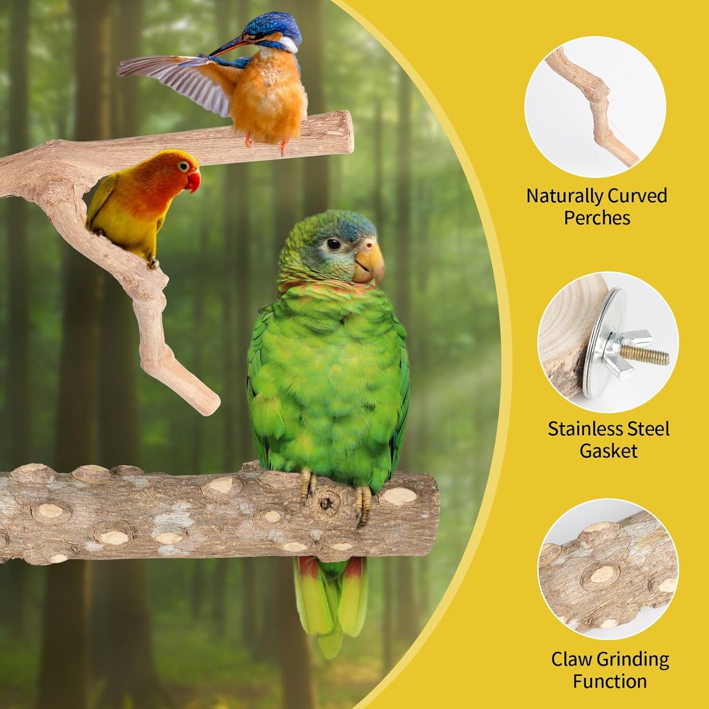 Bird Perches, 6PCS Natural Wood Birds Perch Stand Set, Parakeet Toys, Bird Cage Accessories, Stand & Toys for Parakeets, Cockatiels, Conure, Budgies