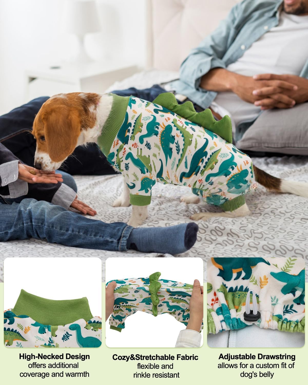 CuteBone Dinosaur Costume Dog Pajamas, Stretchy Spandex Crystal Velvet Sleepwear Coat for Small Dogs, Soft & Warm Pet Outfit Clothes for Cold Weather, Cozy Pullover Design COSP05XL