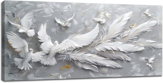 Quorin Feather Dove Bird Large Wall Art White and Gray Peaceful Birds Flying Pictures Holy Wings Wall Decor Canvas Print Painting Artwork for Bathroom Living Room Bedroom 30"x60"