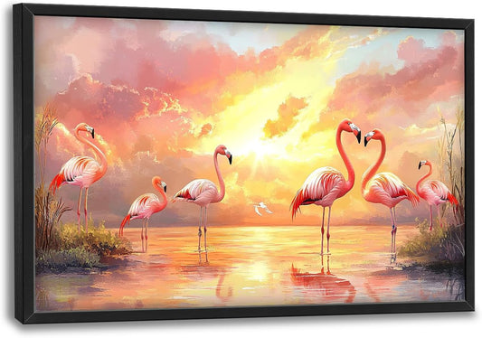Large Flamingo Wall Art for Living Room, Framed Oversized Sunset Lake Wall Decor Landscape Canvas Painting Pictures Modern Artwork for Living Room Bathroom Bedroom Office Dining Room 36"x24"